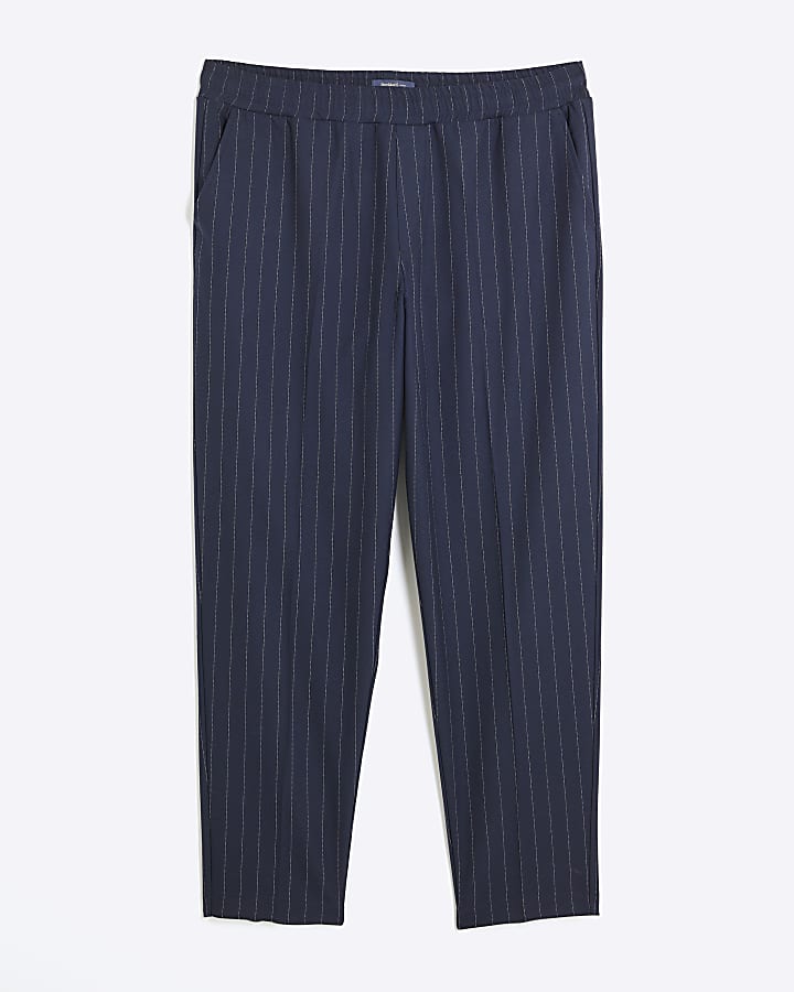 Navy Slim Fit Pinstripe Pull On Trousers
