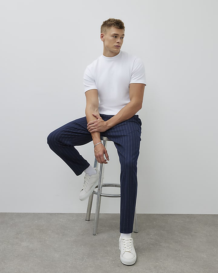 Navy Slim Fit Pinstripe Pull On Trousers