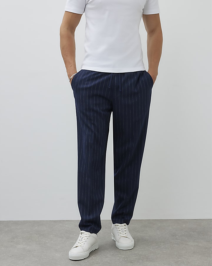Navy Slim Fit Pinstripe Pull On Trousers