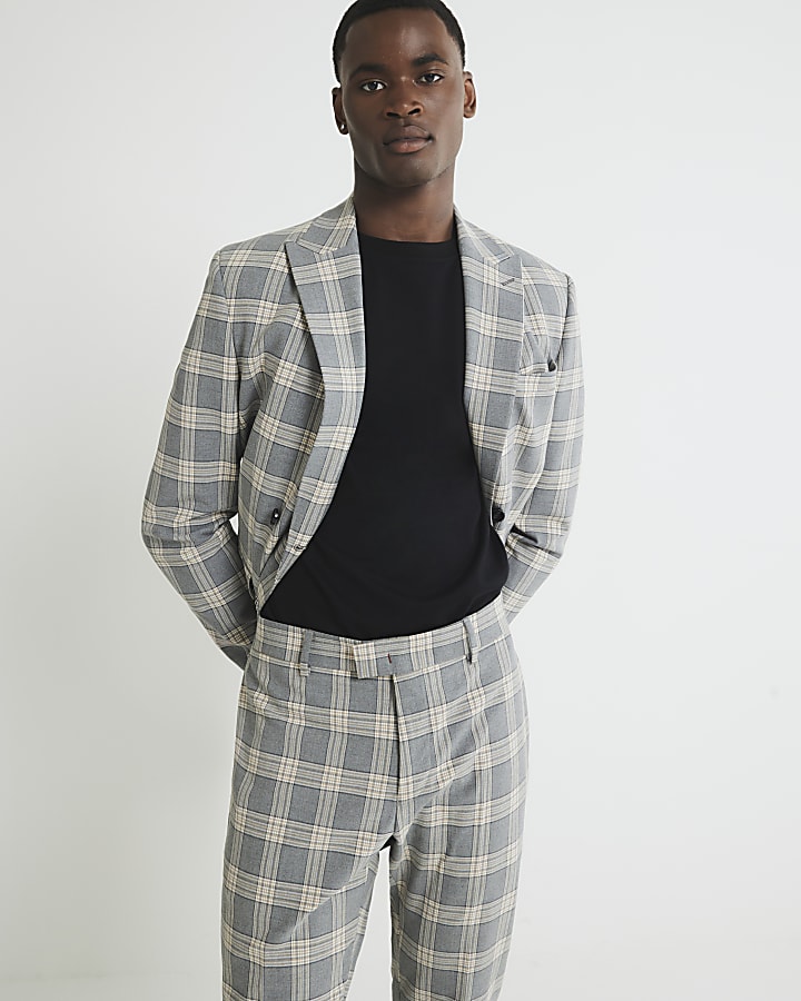 Grey Skinny Fit Check Suit Trousers