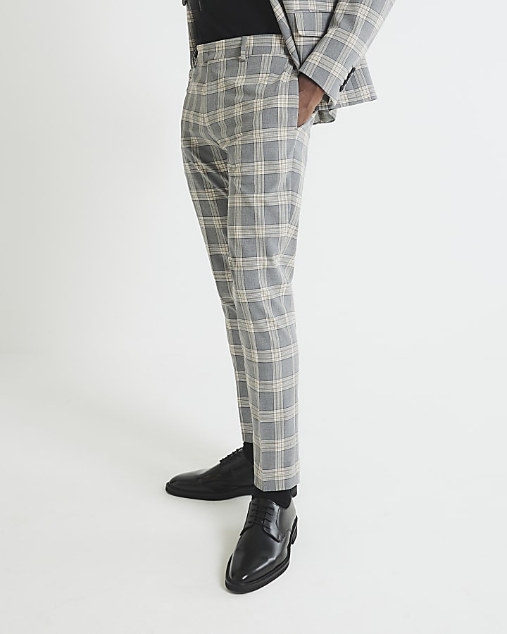 Grey Skinny Fit Check Suit Trousers