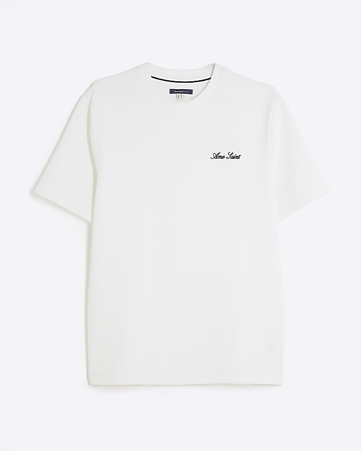 Cream Slim Fit Textured Ame Saint T-Shirt