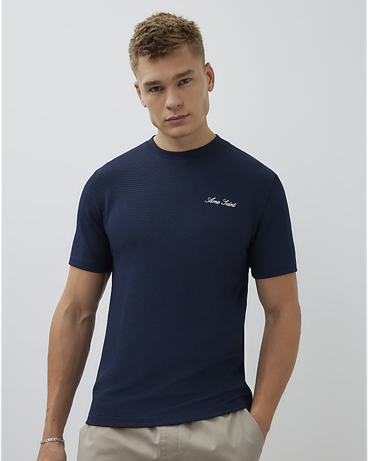Navy Slim Fit Textured Ame Saint T-Shirt