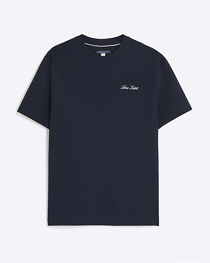 Navy Slim Fit Textured Ame Saint T-Shirt