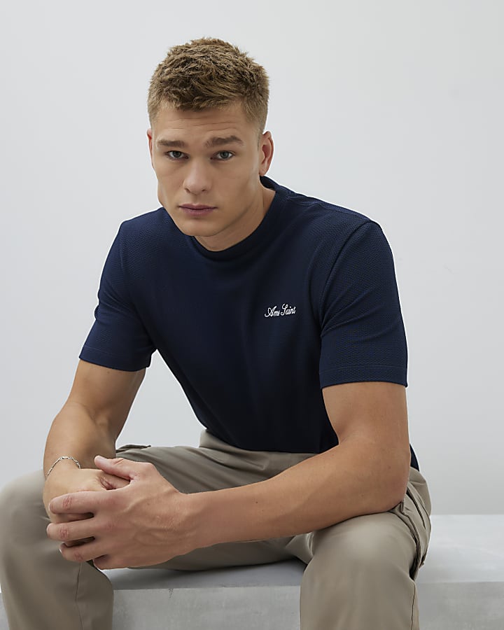 Navy Slim Fit Textured Ame Saint T-Shirt