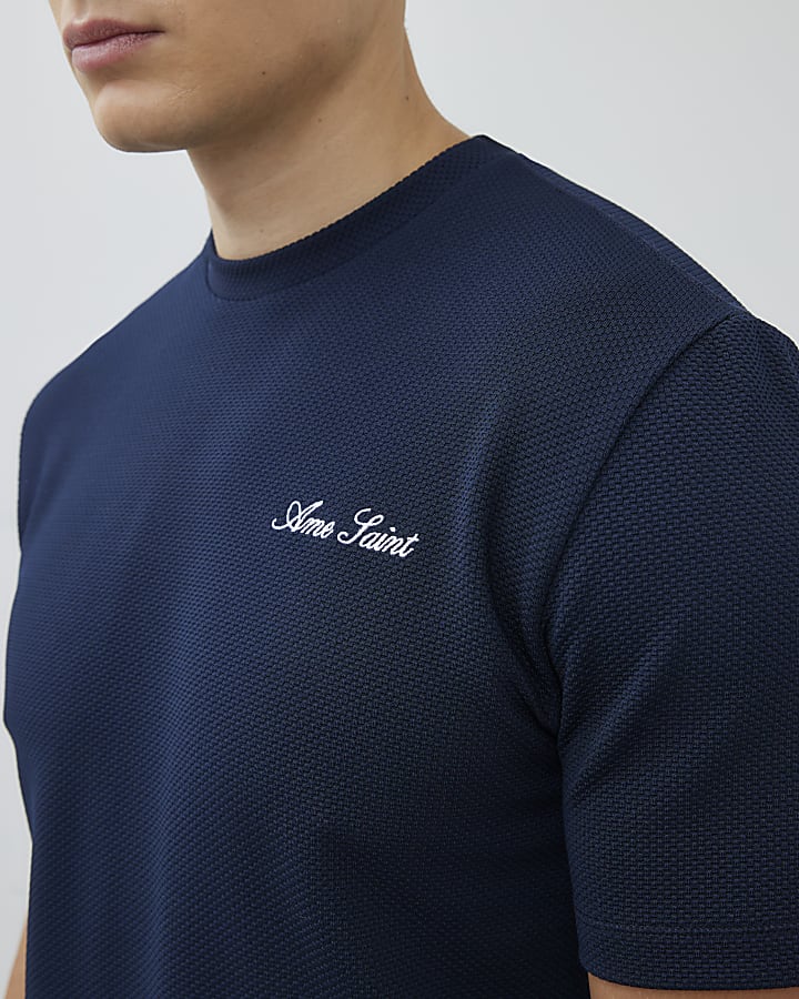 Navy Slim Fit Textured Ame Saint T-Shirt