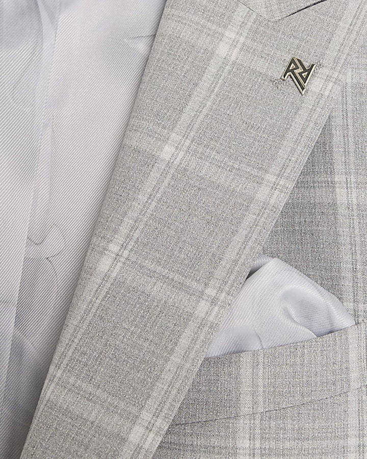 Grey Slim Fit Check Suit Jacket
