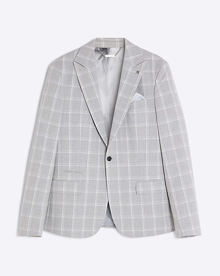 Grey Slim Fit Check Suit Jacket