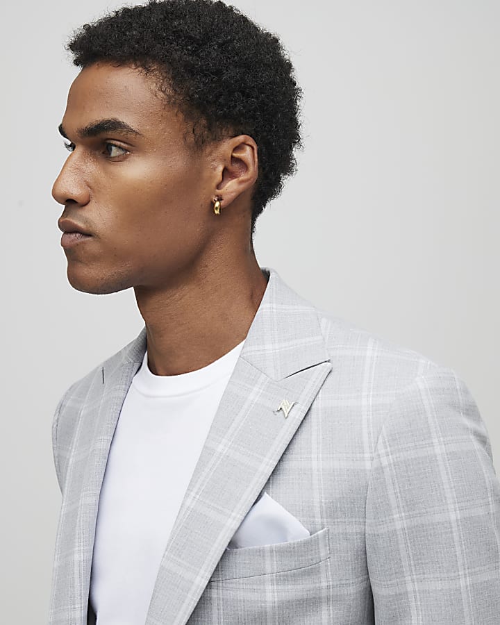 Grey Slim Fit Check Suit Jacket