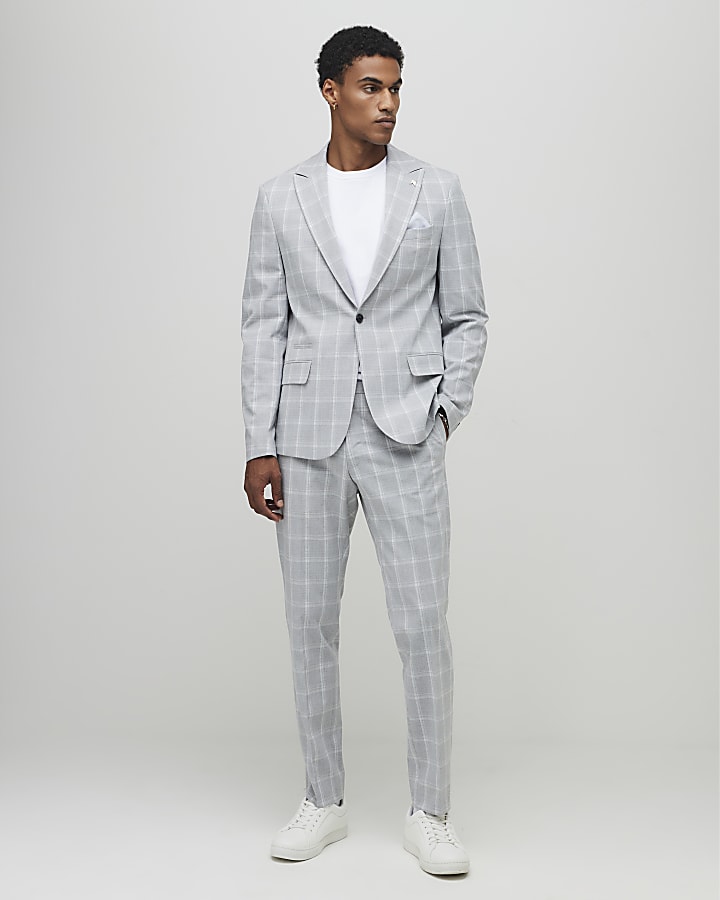 Grey Slim Fit Check Suit Jacket