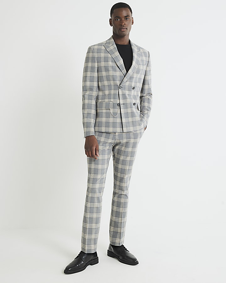 Grey Skinny Fit Check Suit Jacket