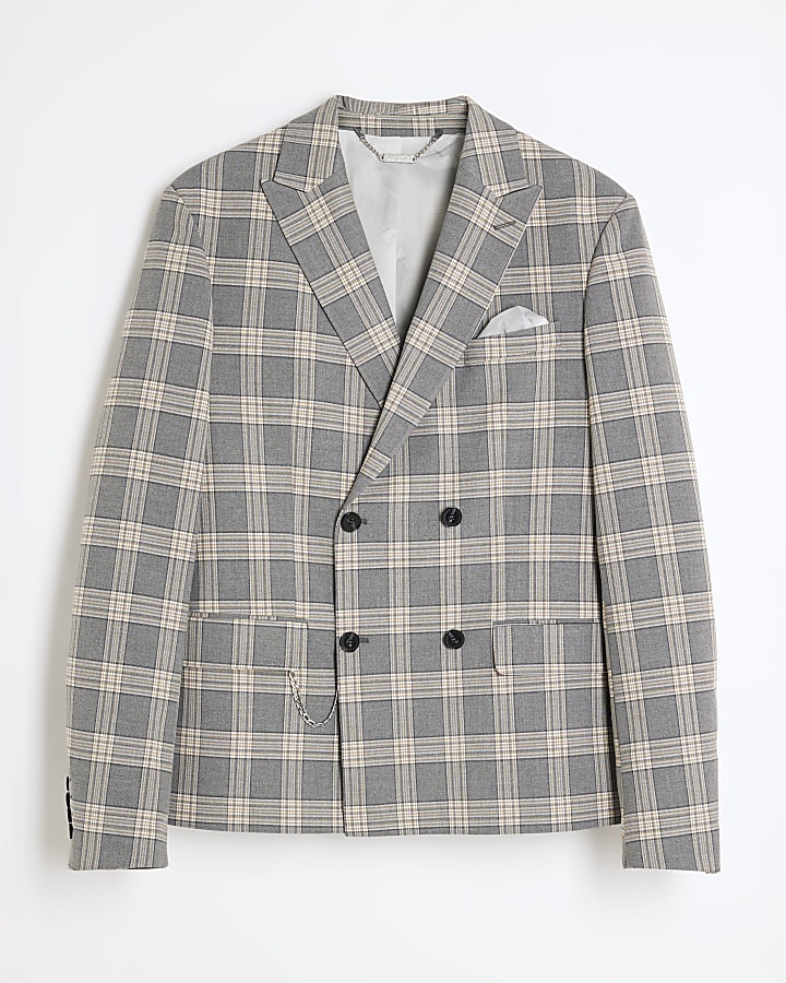 Grey Skinny Fit Check Suit Jacket
