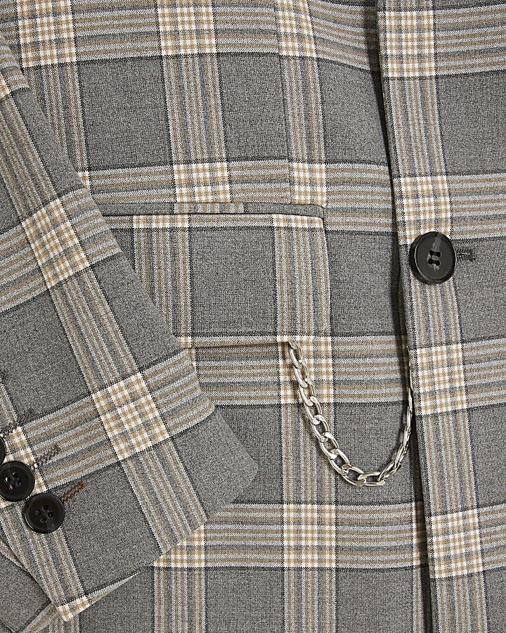 Grey Skinny Fit Check Suit Jacket