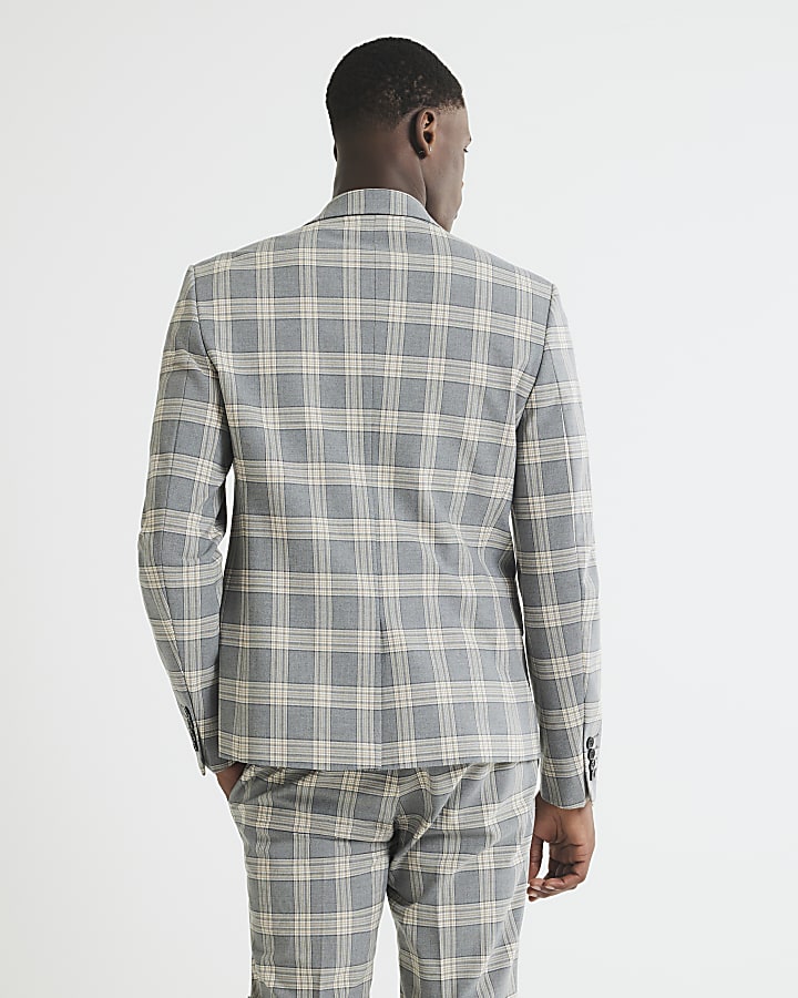 Grey Skinny Fit Check Suit Jacket