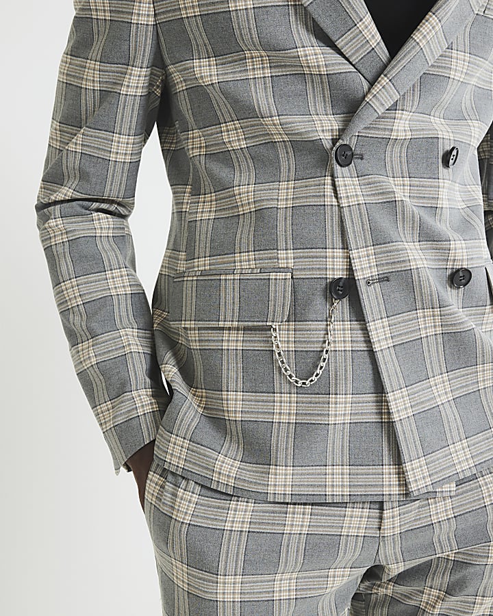 Grey Skinny Fit Check Suit Jacket