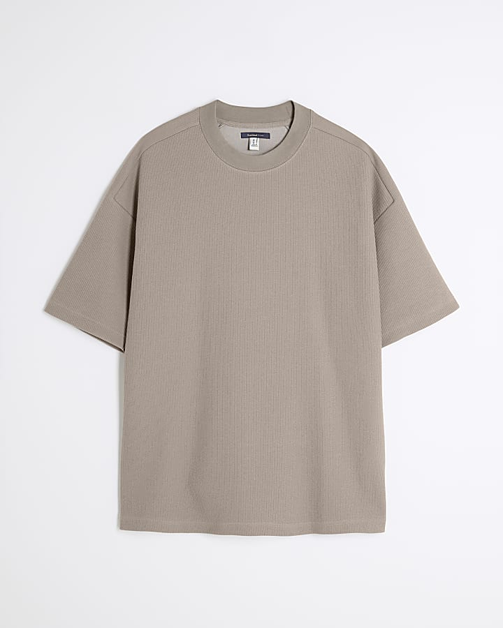 Beige Short Sleeve Regular Fit Ribbed T-Shirt