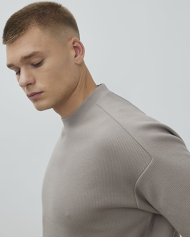 Beige Short Sleeve Regular Fit Ribbed T-Shirt