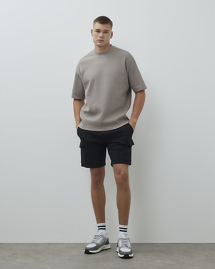 Beige Short Sleeve Regular Fit Ribbed T-Shirt