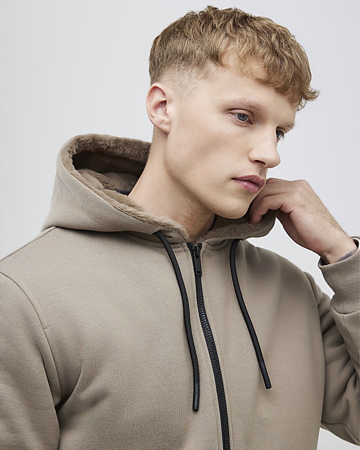 Grey Regular Fit Faux Fur Lined Hoodie