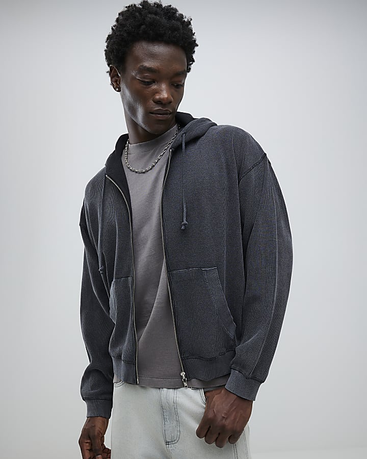 Black Washed Zip Through Hoodie
