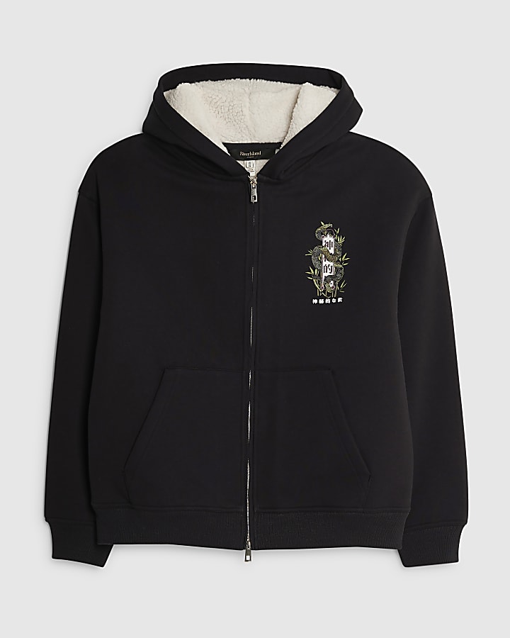 Black Regular Fit Borg Zip Through Hoodie
