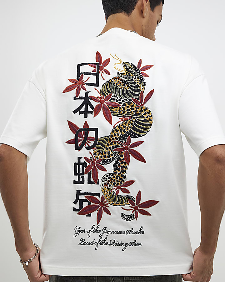 White Embroidered Japanese Snake T-Shirt