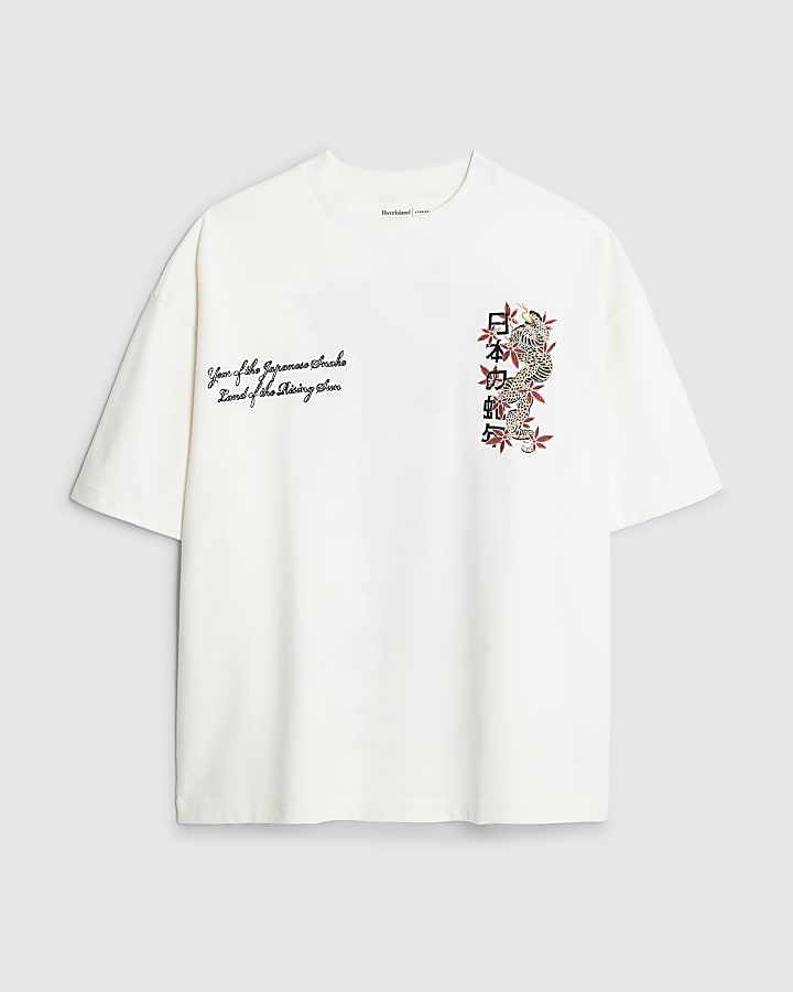 White Embroidered Japanese Snake T-Shirt