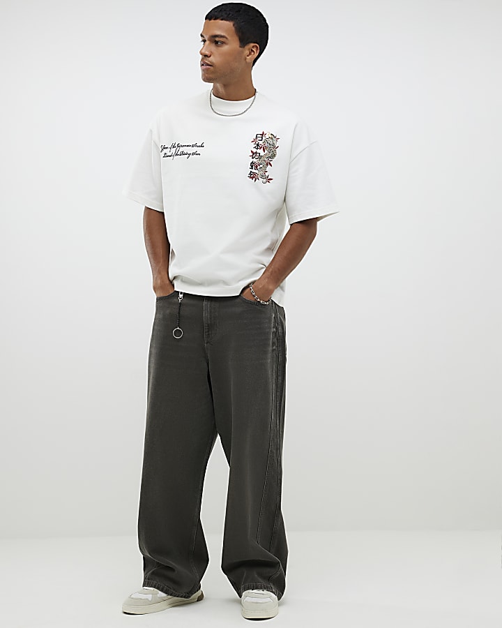 White Embroidered Japanese Snake T-Shirt