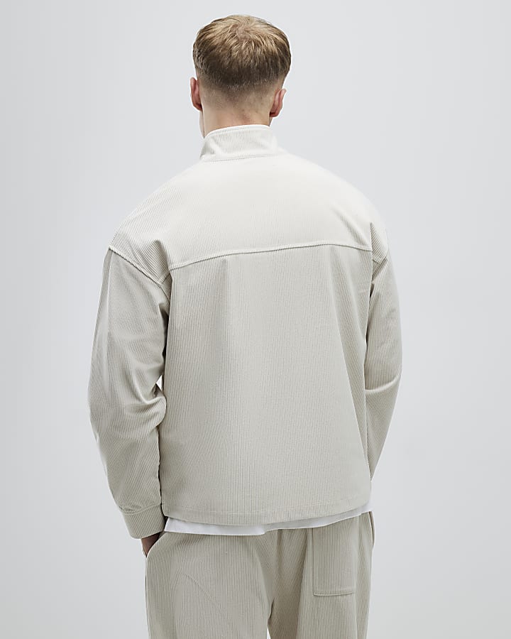 Beige Regular Fit Corduroy Funnel Sweatshirt