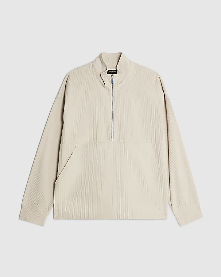 Beige Regular Fit Corduroy Funnel Sweatshirt