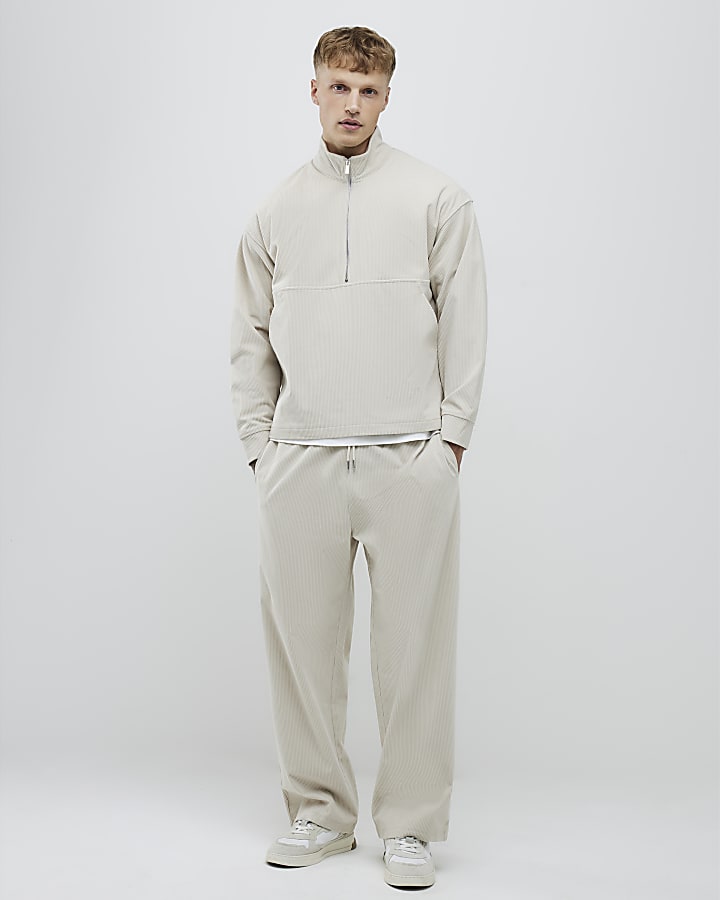 Beige Regular Fit Corduroy Funnel Sweatshirt