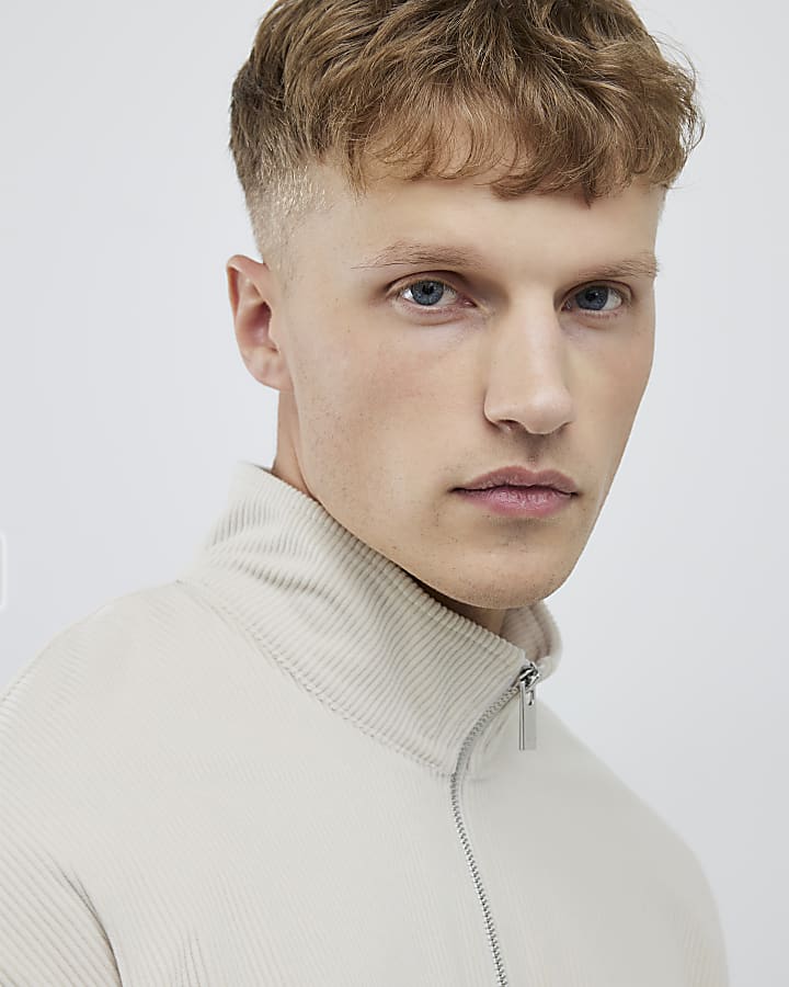 Beige Regular Fit Corduroy Funnel Sweatshirt