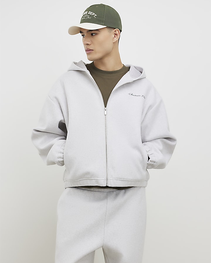 Grey Oversized Fit Zip Through Hoodie