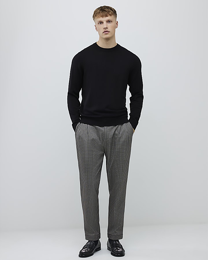 Beige Tapered Fit Check Ponte Trousers