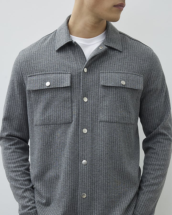 Grey Regular Fit Pinstripe Overshirt