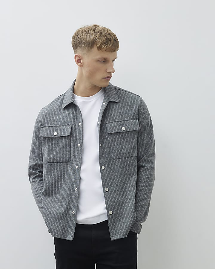 Grey Regular Fit Pinstripe Overshirt