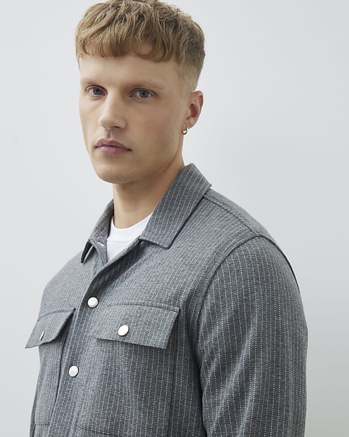 Grey Regular Fit Pinstripe Overshirt