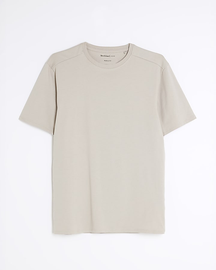 Beige Muscle Fit Cotton Stretch T-Shirt