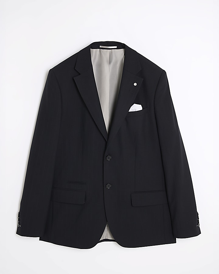 Black Regular Fit Pinstriped Suit Jacket