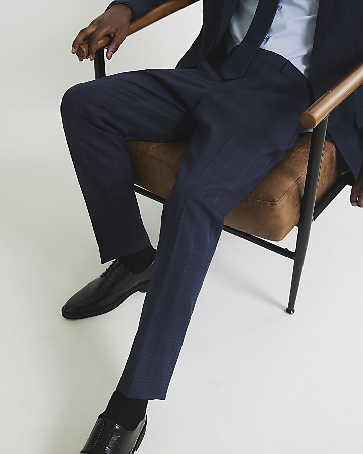 Blue Regular Fit Check Suit Trousers