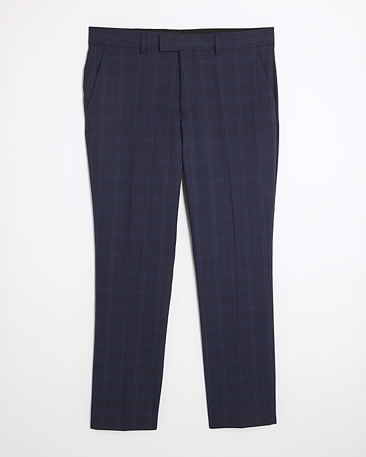 Blue Regular Fit Check Suit Trousers