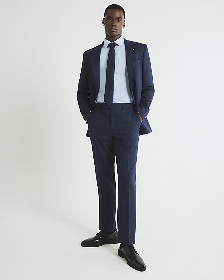 Blue Regular Fit Check Suit Trousers