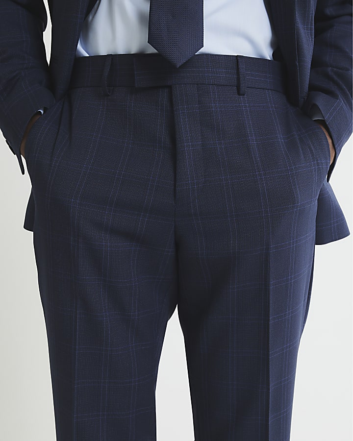 Blue Regular Fit Check Suit Trousers