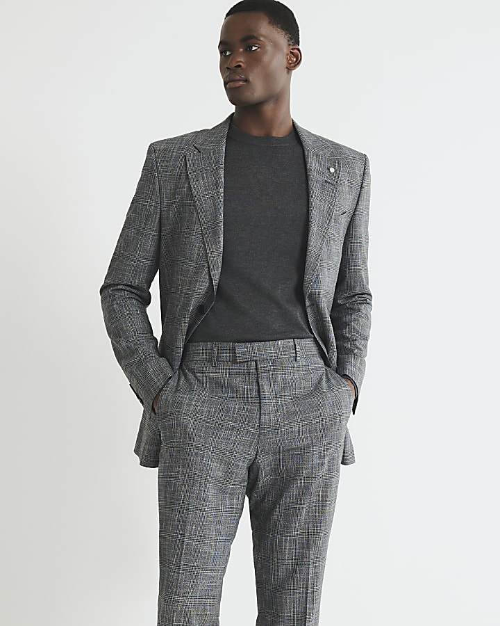 Grey Regular Fit Check Suit Trousers