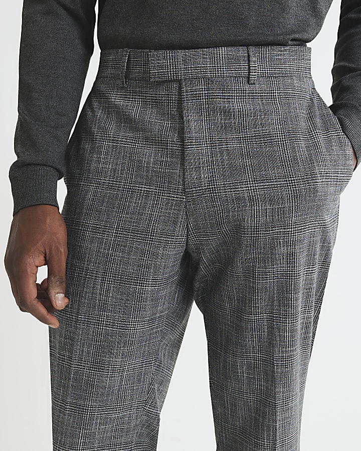 Grey Regular Fit Check Suit Trousers