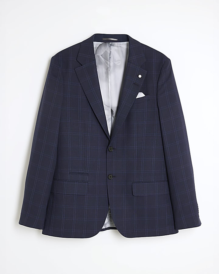 Blue Regular Fit Check Suit Jacket
