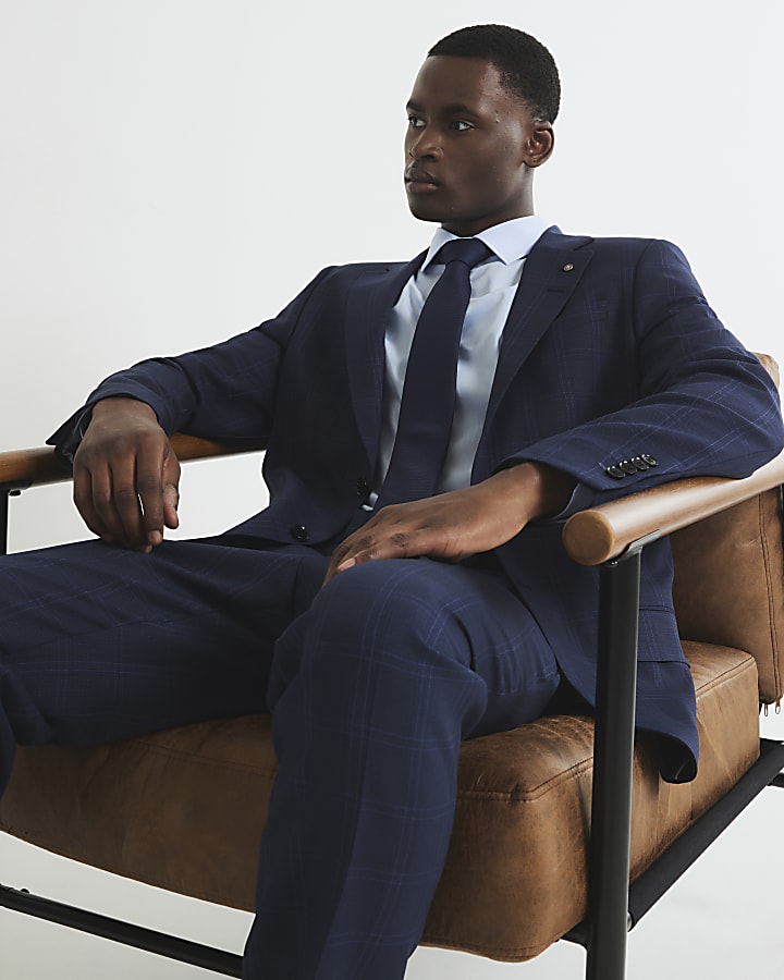 Blue Regular Fit Check Suit Jacket