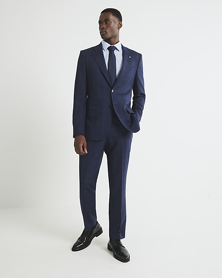 Blue Regular Fit Check Suit Jacket