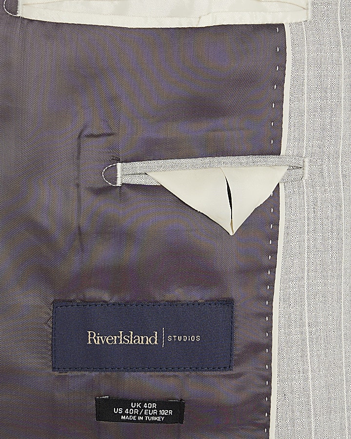 Grey Regular Fit Pinstriped Suit Jacket