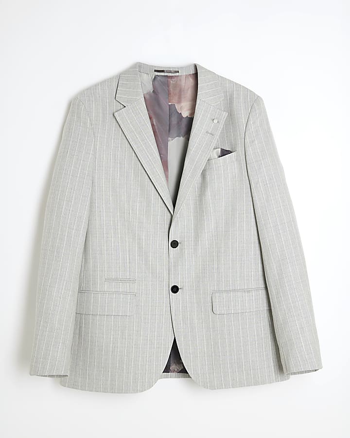 Grey Regular Fit Pinstriped Suit Jacket